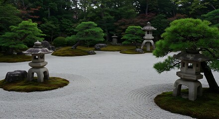 Serene Japanese rock garden with stone lanterns and lush greenery.