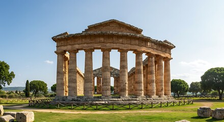 Ancient greek temple on sunny day surrounded by green landscape