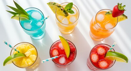 Colorful cocktails with fruit garnishes on a bright white surface, perfect for summer.