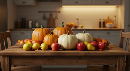 Thanksgiving harvest display on a wooden table in a cozy kitchen setting.