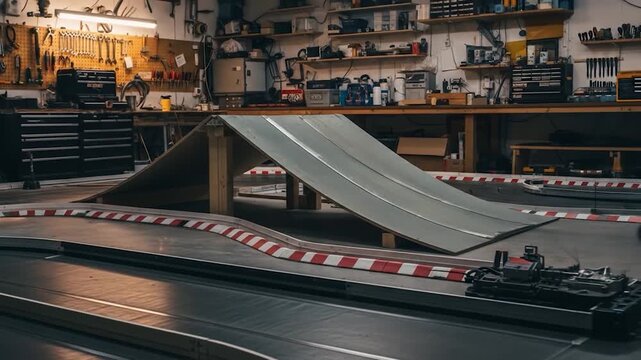 RC Car Racing Through a Homemade Wooden Ramp in a Workshop