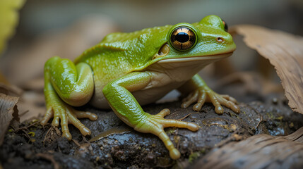 Fototapeta premium The American green tree frog (Dryophytes cinereus or Hyla cinerea) Commonly found in the central and southeastern United States, the frog lives in open canopy forests with permanent water sources