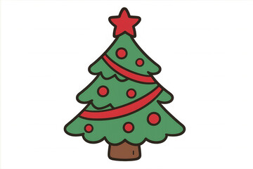 Fototapeta premium Christmas tree with red ribbon and ornaments, placing a star, holiday celebration vector illustration