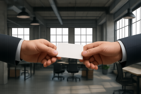 Hand exchanging business card in industrial office