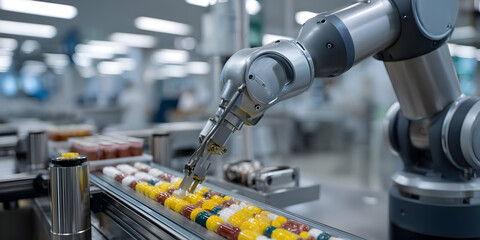 Naklejka premium Automated robotic arm picking capsule blister packs on pharmaceutical production line with clinical precision