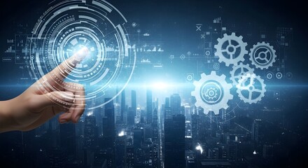 Fototapeta premium Futuristic Industrial Automation, Smart City Control Interface, Interacting with Digital Gears