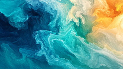 Ocean and Sunlight Swirl , A mesmerizing abstract wallpaper showcasing fluid dynamics in deep, vibrant colors. The design features a dramatic mix of deep blues, teals, and light turquoise currents, co