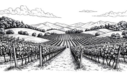Vineyard Landscape Illustration - Rows of Vines and Distant Mountains.