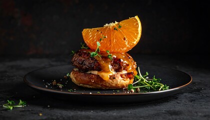Gourmet Burger with Orange Slice on a Black Plate, Culinary Arts
