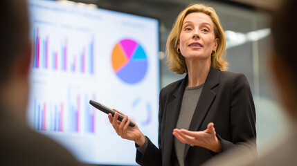 Woman giving business presentation with charts and graphs in a conference room setting