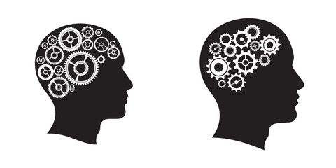 Human Head Silhouettes with Interlocking Gears Illustrating Mind and Thought Processes