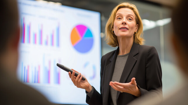 Woman giving business presentation with charts and graphs in a conference room setting