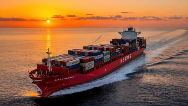 red container vessel laden with multicolored shipping containers powerfully sails through calm ocean at sunset The golden sun reflects brilliantly on the water leaving prominent white wake