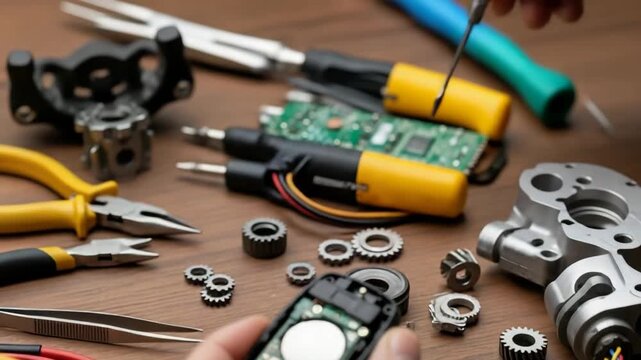 hand holds an open key fob showing its circuit board and battery The wooden table is covered with tools pliers tweezers multimeter gears intricate metal parts wires and circuit boards