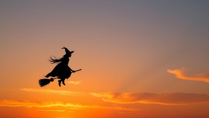 Elegant Witch Silhouette Against an Orange-to-Black Gradient Sky