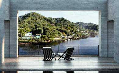 View from the balcony to the sea and mountain.Landscape. Sunny Day. Terrace with a cozy chairs and a beautiful view. Background with beautiful landscape. City near the sea.