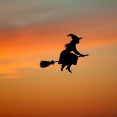 Elegant Witch Silhouette Against an Orange-to-Black Gradient Sky