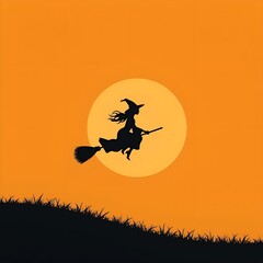 Elegant Witch Silhouette Against an Orange-to-Black Gradient Sky