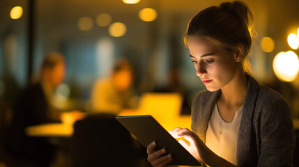 Woman working late using tablet in office business professional businesswoman technology