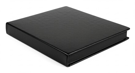 A closed black book with a textured cover and clean edges.