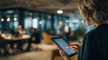Woman using tablet device in modern office space for business and technology concept use