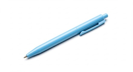 A simple light blue ballpoint pen isolated on a white background.