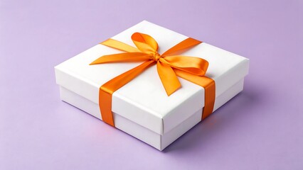 White gift box with orange ribbon bow isolated on purple background
