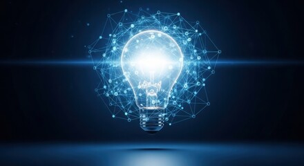 A glowing light bulb surrounded by a network of interconnected dots on a dark blue background