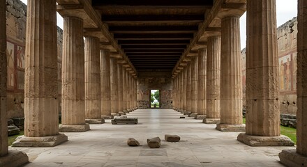 Ancient roman architecture rows of columns with sunlight and shadow