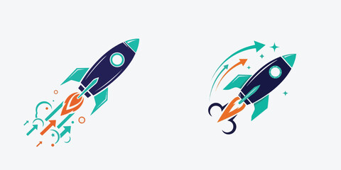 Naklejka premium Dynamic Rocket Launch with Upward Arrows and Energetic Sparks