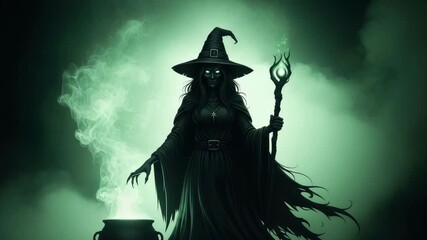 dark sorceress with glowing green eyes and wide hat stands before bubbling cauldron emitting emerald smoke She holds staff with an illuminated orb shrouded in mystical green fog - Powered by Adobe