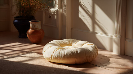 Cozy Round Cushion in Sunlit Room, Minimalist Living Room with Soft Pouf, Comfortable Floor Pillow by the Window
