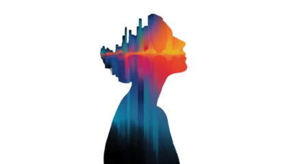 Vibrant sound wave abstract fills woman's silhouette conveying emotion and modern digital life inspiration