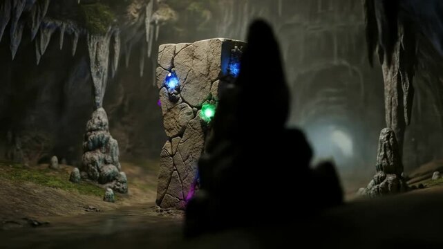 A mysterious dark figure stands before a cracked stone monolith with glowing gems inside a dark, ancient cave.