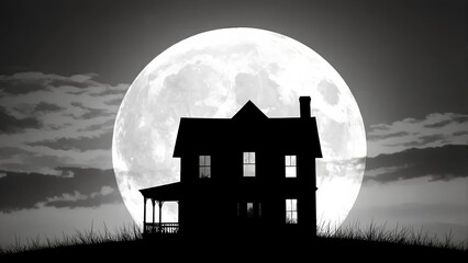 Haunting Full Moon Over an Abandoned House