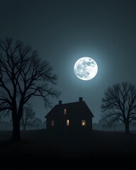 Haunting Full Moon Over an Abandoned House