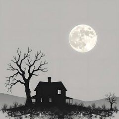 Haunting Full Moon Over an Abandoned House
