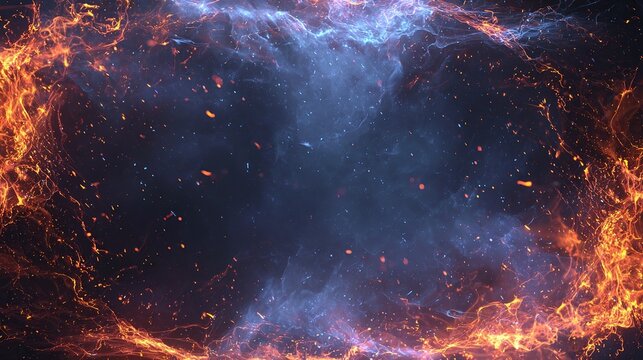 A cosmic spectacle; a fiery orange halo embracing a nebulous, cool-toned core speckled with tiny sparks