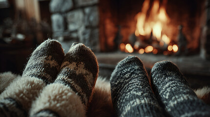 Cozy Winter Socks by the Fireplace, Relaxing by the Fire in Warm Socks, Hygge Moments in Front of the Fireplace