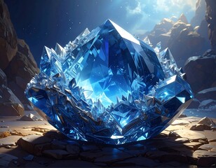Magnificent and Luminescent Blue Crystal Amidst a Rocky Landscape