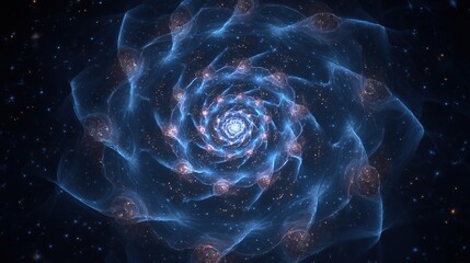 A celestial spiral composed of swirling blue energy, with illuminated nodes, set against a starry backdrop