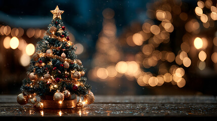  Festive Christmas Tree with Golden Lights, Decorated Holiday Tree at Night, Christmas Tree Bokeh Lights
