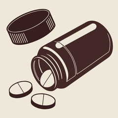 A dark brown stylized illustration of a pill bottle tipped over with two tablets spilled out onto a light beige background
