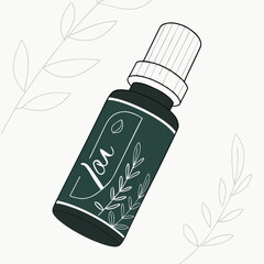 A minimalist illustration of a dark green bottle with a white label featuring a leaf and delicate botanical branches