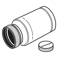 A simple black and white line drawing illustration of an open pill bottle with its cap lying beside it on a white background