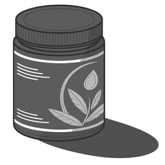 A stylized illustration of a dark gray bottle with a white label featuring a plant and a drop symbol casting a shadow
