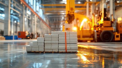 Stack of Concrete Blocks in Industrial Warehouse with Forklift