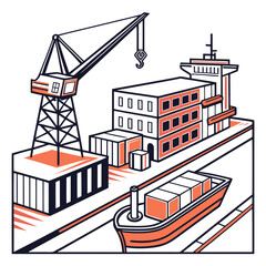 Industrial port scene with a large crane loading cargo onto a ship and containers stacked on a dock