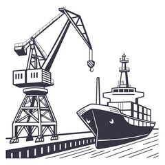 Industrial port scene with a large cargo ship being loaded by a towering crane at the dockside