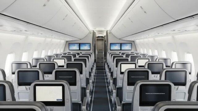 modern airplane cabin bright and empty with rows of grey and black seats Each seatback has personal entertainment screen Overhead bins are closed and windows line the sides Bulkhead monitors show sky